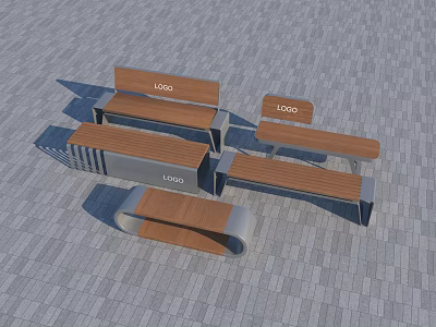 Modern Landscape Seats with Wooden Panels Metal Frame and Logo Design 3d model