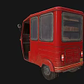 Red Vintage Three Wheeled Motorcycle With Open Door And Classic Cab Design