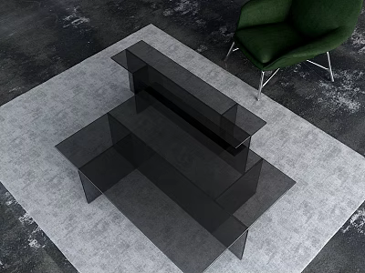 Black Glass Coffee Table on Gray Rug with Green Chair in Modern Living Room 3d model