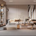 Modern Living Room Interior With Neutral Sofa Wooden Coffee Table Abstract Art And Ambient Lighting