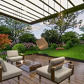 Modern Pergola With Wooden Deck Leisure Seats And Greenery In Urban Landscape