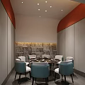 Private Dining Room Interior With Round Table Teal White Chairs Stone Wall And Red Ceiling 3d model