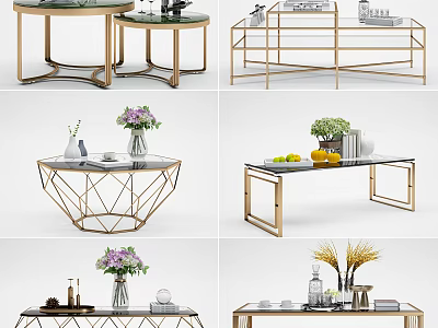 Elegant Coffee Table with Gold Frame Marble Top Geometric Design and Decorative Vases Fruits 3d model