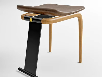 Modern Wooden Stool With Black Metal Frame Comfortable Seat And Unique Leg Design 3d model