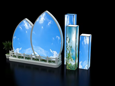 Transparent Petal Rectangular Display Structures With Blue Sky Clouds Trees Potted Plant White Railing 3d model