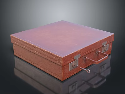 Brown Leather Square Box With Metal Clasps And Stitched Handle Design 3d model