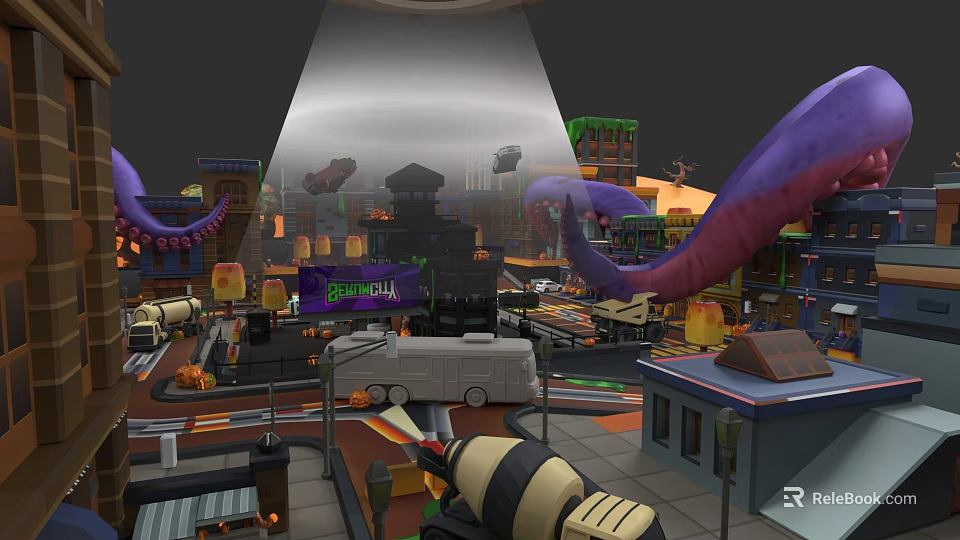 Vibrant Commercial Landscape With Urban Buildings Neon Signs Vehicles And Purple Tentacles 3d model 