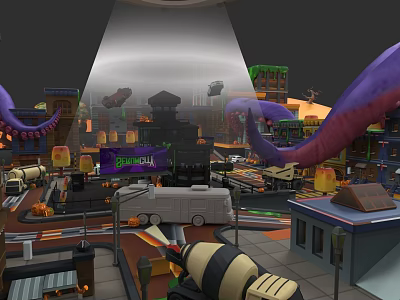 Vibrant Commercial Landscape With Urban Buildings Neon Signs Vehicles And Purple Tentacles 3d model