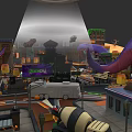 Vibrant Commercial Landscape With Urban Buildings Neon Signs Vehicles And Purple Tentacles