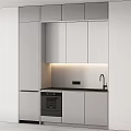 Modern Kitchen With Gray And Wooden Built in Cabinets Sink Faucet And Oven Lighting