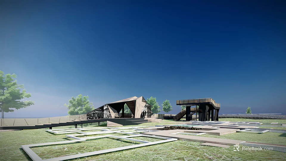 Park Landscape With Modern Architectural Structures Green Lawns Trees And Open Sky 3d model 