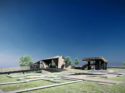 Park Landscape With Modern Architectural Structures Green Lawns Trees And Open Sky 3d model