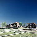 Park Landscape With Modern Architectural Structures Green Lawns Trees And Open Sky