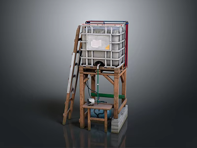 Simple Building Structure With Wooden Frame Plastic Water Tank Ladder And Pipes 3d model