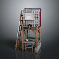 Simple Building Structure With Wooden Frame Plastic Water Tank Ladder And Pipes