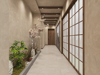 Hotel Corridor Design With Beige Walls Wooden Door Lattice Windows Green Plants And Tile Flooring 3d model