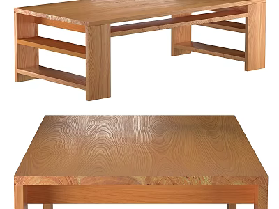 Modern Wooden Dining Table Featuring Natural Wood Grain And Functional Shelves 3d model