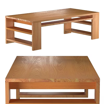 Modern Wooden Dining Table Featuring Natural Wood Grain And Functional Shelves 3d model