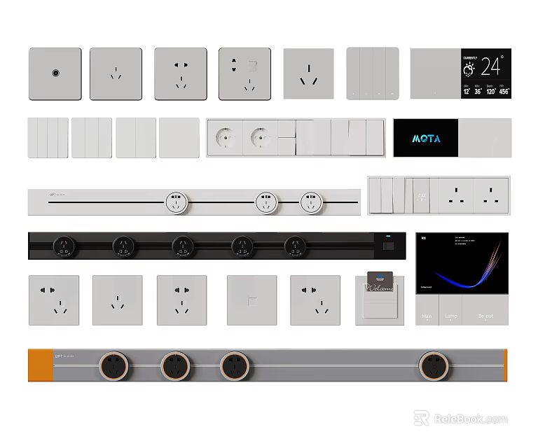 Modern Switch Panels With Various Sockets Digital Display And Stylish Home Design 3d model 