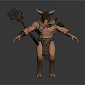 Mythical Bull Warrior Character With Muscular Build Holding Giant Hammer And Armor