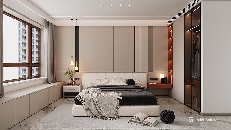 Minimalist Modern Bedroom With Bed Headboard Wall Glass Door Wardrobe Bay Window And Carpet 3d model 