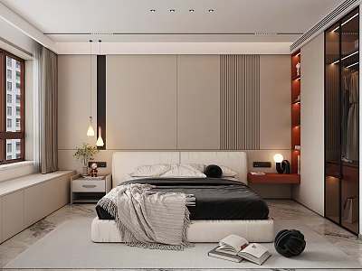 Minimalist Modern Bedroom With Bed Headboard Wall Glass Door Wardrobe Bay Window And Carpet 3d model