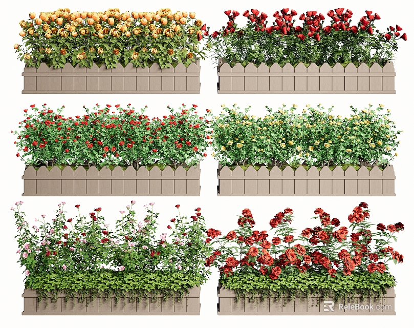 Shrubs with red yellow and white flowers in wooden planters for garden decoration 3d model 