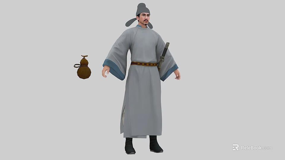 Man in Traditional Ancient Costume with Long Robe Hat Belt Wine Gourd and Sword 3d model 