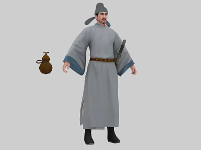 Man in Traditional Ancient Costume with Long Robe Hat Belt Wine Gourd and Sword 3d model