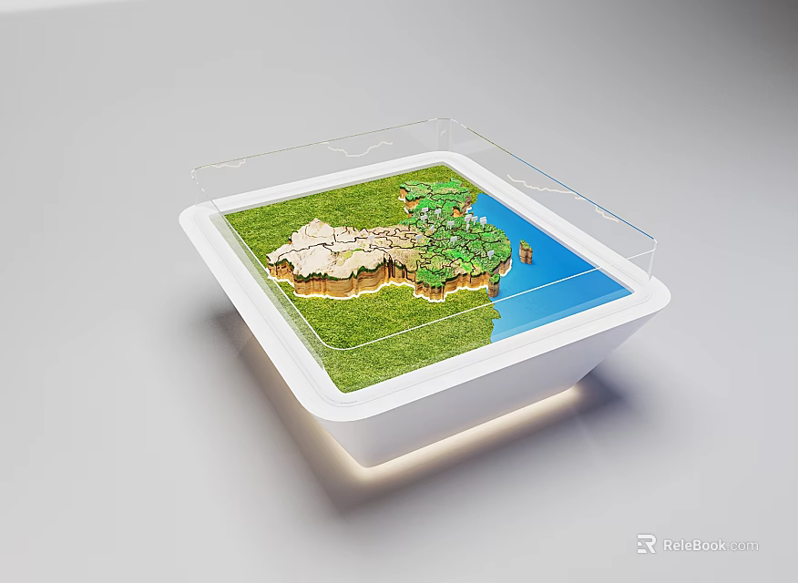 Transparent Lid Commercial Display Equipment With White Container Grass Terrain And Water Area 3d model 