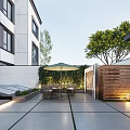Modern Garden Landscape Featuring Wooden Walkway Black Door Green Plants Trees And Wicker Hanging Chair
