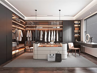 Modern Walk in Closet Featuring Black Cabinets White Hanging Clothes Central Island Dressing Table Chair 3d model