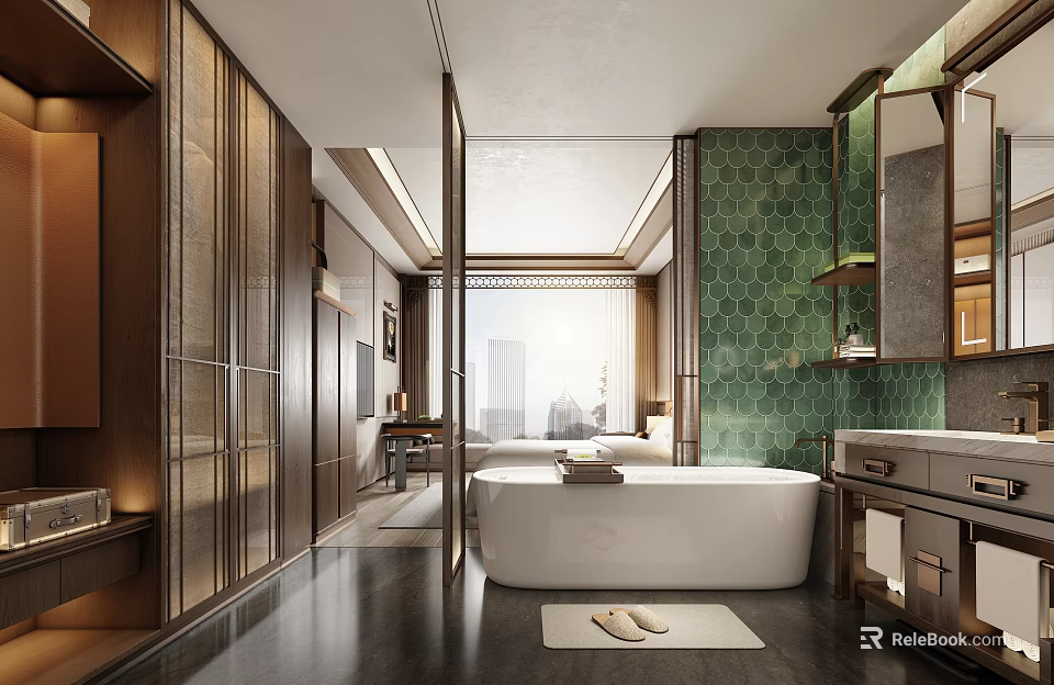 Hotel Room Bathroom Featuring White Bathtub Green Tiled Walls And Wooden Accents 3d model 