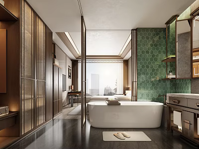 Hotel Room Bathroom Featuring White Bathtub Green Tiled Walls And Wooden Accents 3d model