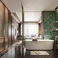 Hotel Room Bathroom Featuring White Bathtub Green Tiled Walls And Wooden Accents