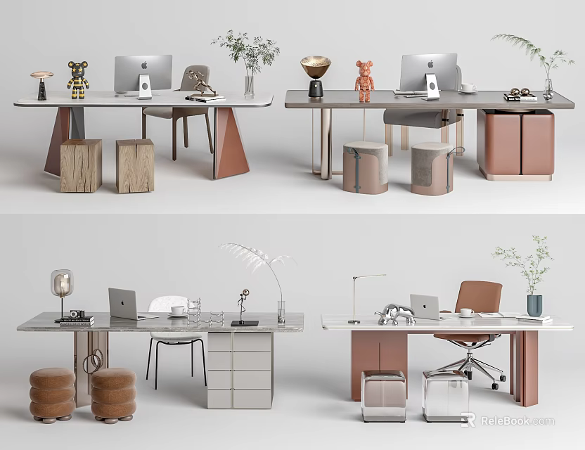 Modern Work Desk Setup With Laptop Chair Desk Lamp Plant And Storage Units 3d model 