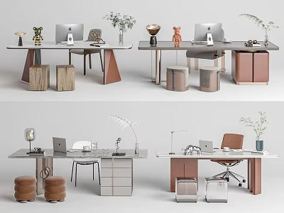 Modern Work Desk Setup With Laptop Chair Desk Lamp Plant And Storage Units 3d model