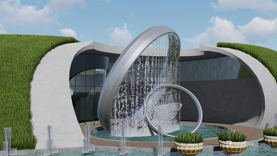 Modern Circular Fountain With Flowing Water Grass Roof Glass Walls Small Fountains And Plant Pots 3d model 