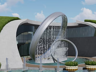 Modern Circular Fountain With Flowing Water Grass Roof Glass Walls Small Fountains And Plant Pots 3d model