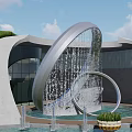 Modern Circular Fountain With Flowing Water Grass Roof Glass Walls Small Fountains And Plant Pots