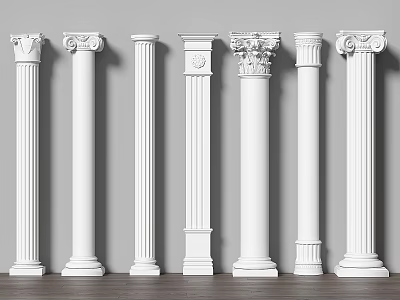 White Classical Roman Columns with Various Decorative Styles Displayed on Wooden Floor 3d model