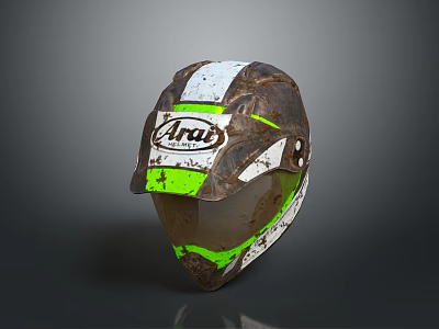 Rusty Worn Weapon Helmet With Alpinestars Logo And Green Stripes 3d model