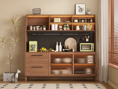 Wooden Sideboard With Storage Shelves Microwave Coffee Maker Fruits And Green Plant Decor 3d model