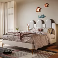 Cozy Kids Bed With Soft Headboard Pink Gray Bedding Stuffed Rabbit And Hello Wall Decor