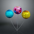 Blue Pink Yellow Disco Balls With Reflective Surface Connected By White Strings On Dark Background