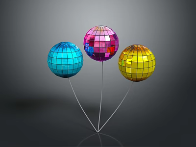 Blue Pink Yellow Disco Balls With Reflective Surface Connected By White Strings On Dark Background 3d model