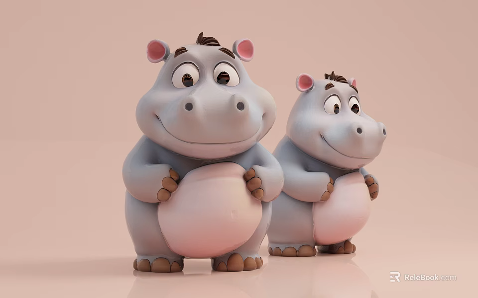 Two Cartoon Hippopotamuses With Light Gray Bodies Pink Bellies Brown Manes And Friendly Expressions 3d model 