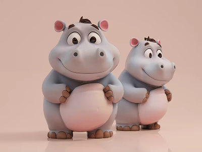 Two Cartoon Hippopotamuses With Light Gray Bodies Pink Bellies Brown Manes And Friendly Expressions 3d model