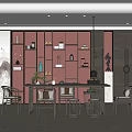 Traditional Chinese Tea Room Interior With Dark Wood Table Chairs Red Shelves And Mountain Painting