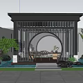 Chinese Style Pergola In Garden Courtyard With Round Doorway Wooden Tables Chairs And Green Plants